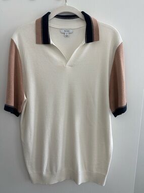 Reiss Cream Polo Sweater with Beige Sleeves and dark blue trim